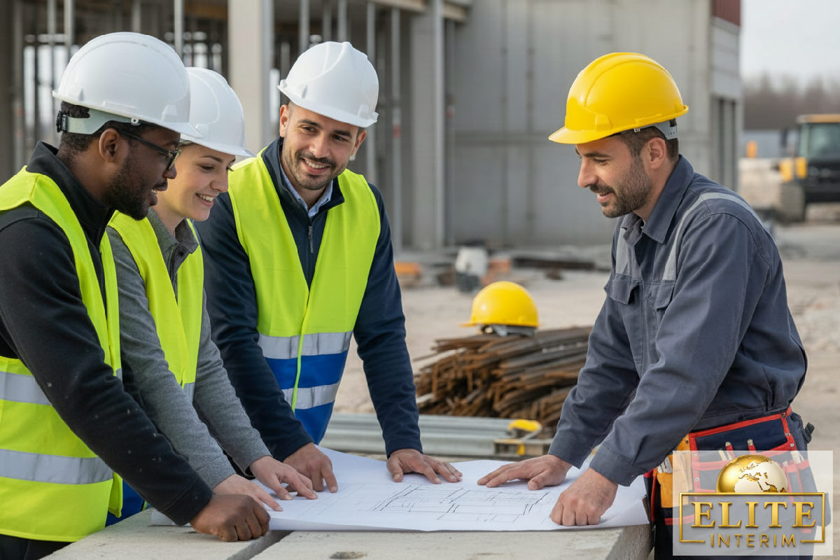 Plombiers roumains et ouvriers français collaborant sur un chantier.