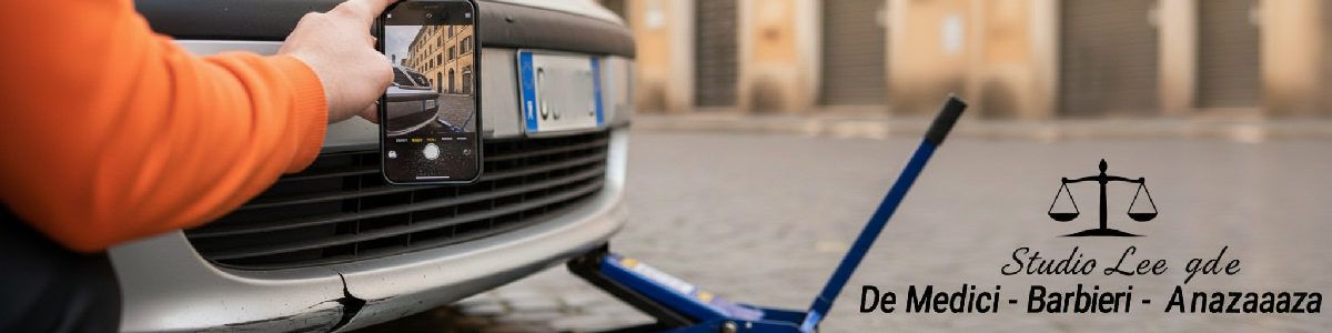 Dettaglio: telefono fotografa paraurti danneggiato e vetri a Roma.