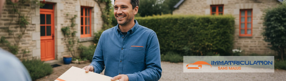 Homme heureux recevant sa nouvelle carte grise roumaine en France.