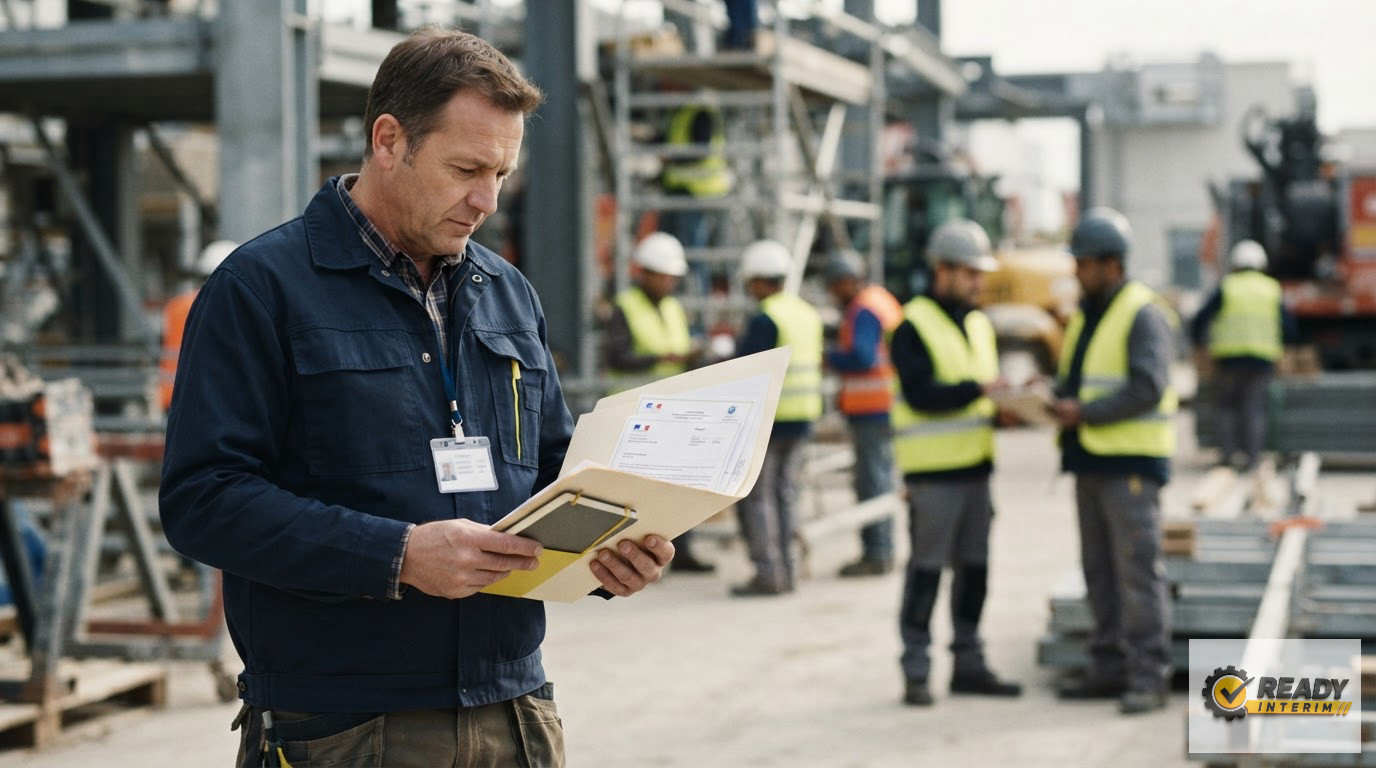 Un chef de chantier consultant les formulaires A1 et reçus SIPSI en conformité.