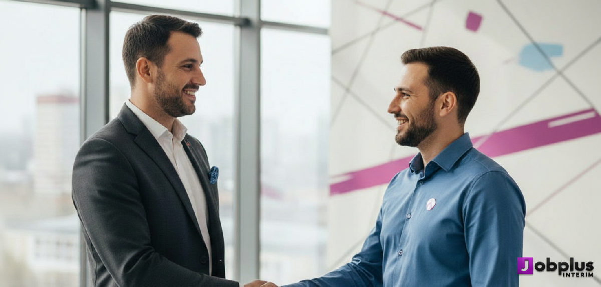 Poignée de main entre un chef d'entreprise français et un travailleur intérimaire roumain.