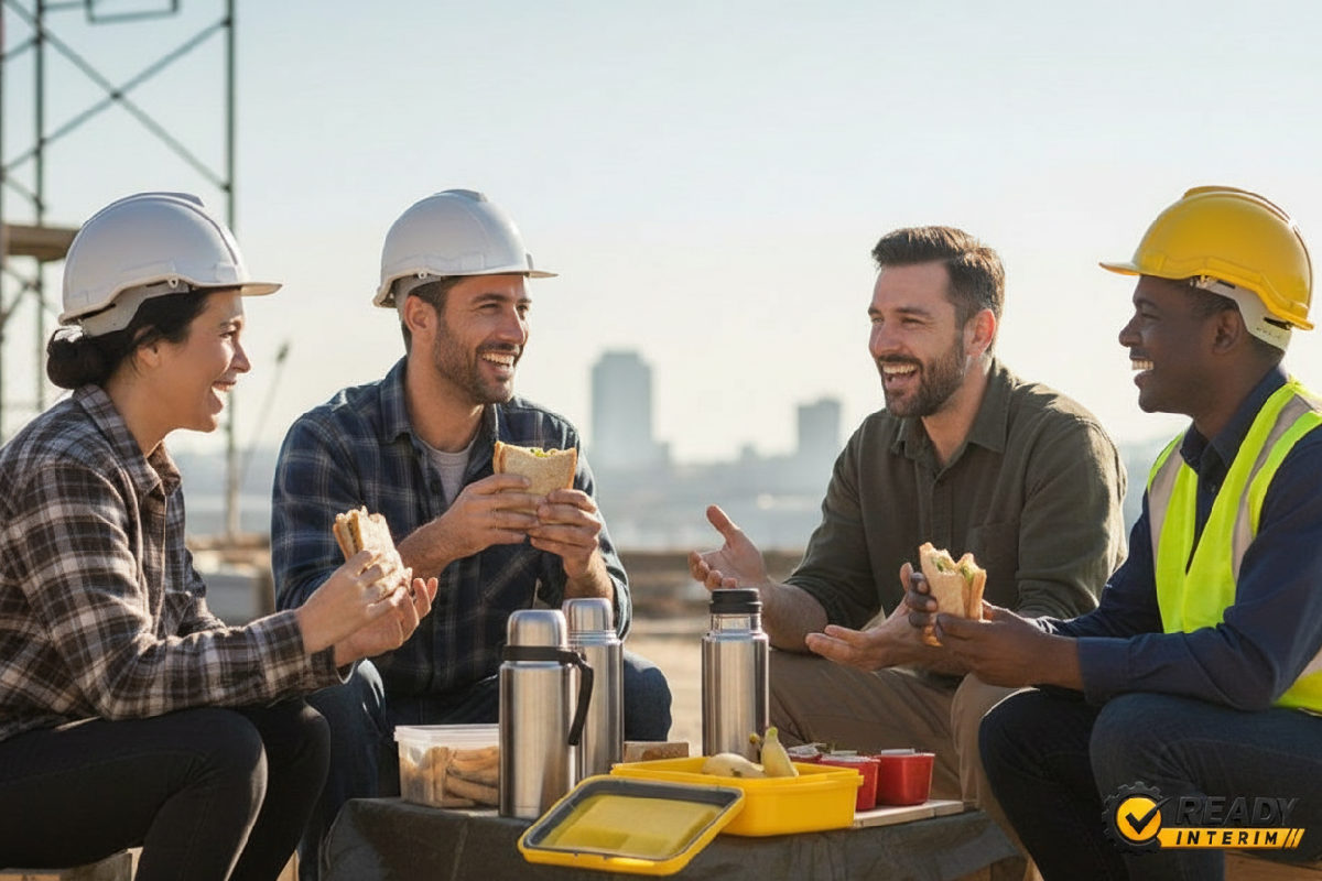 Travailleurs diversifiés partageant un moment convivial à la pause déjeuner.