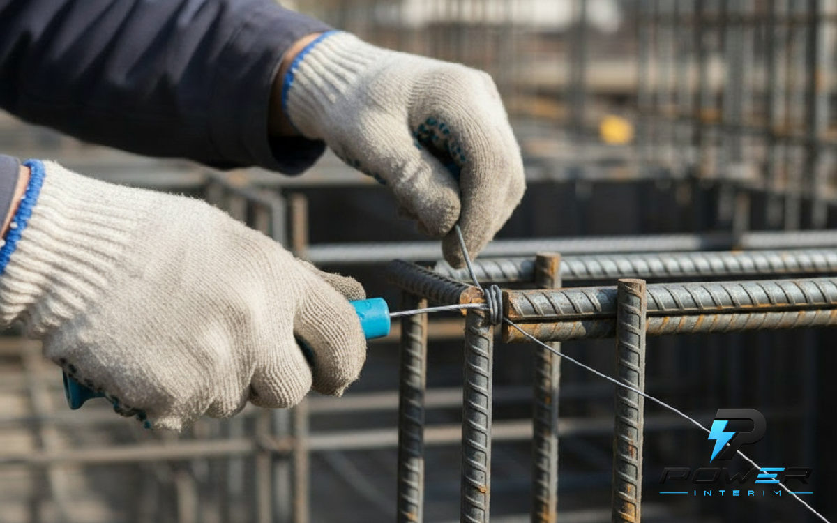 Ouvrier roumain réalisant un ferraillage de précision.