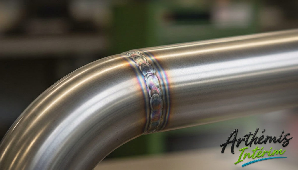 Gros plan sur une soudure TIG de haute qualité sur une tubulure inox.