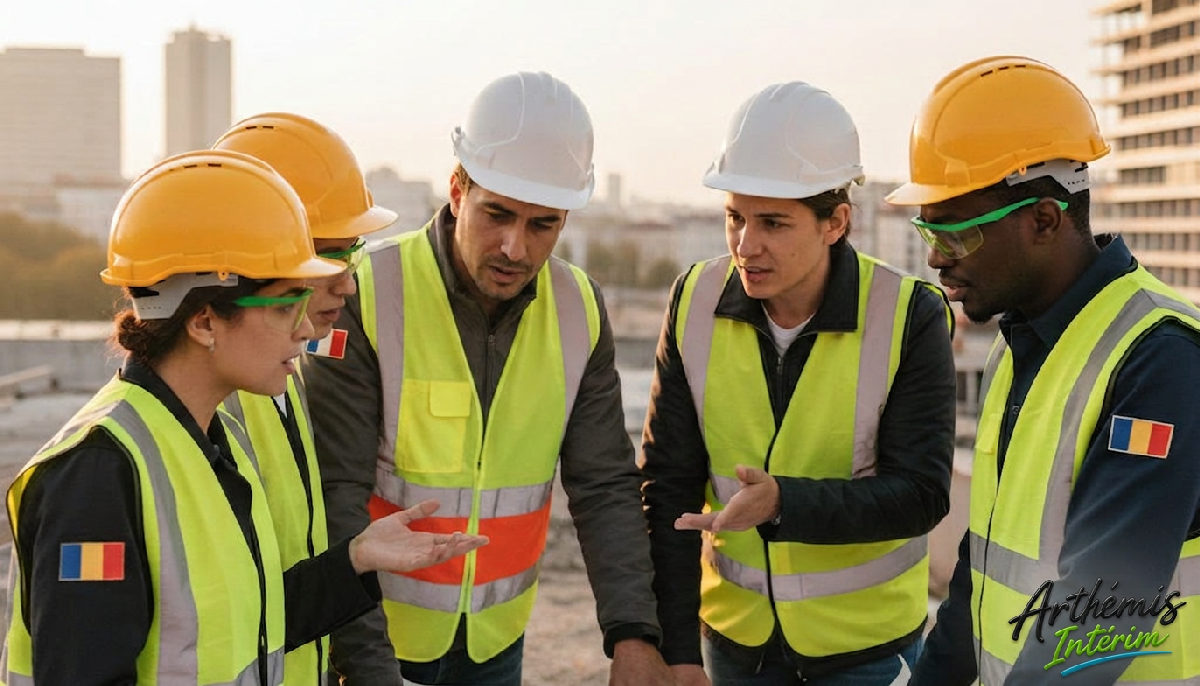 Équipe mixte franco-roumaine sur un chantier lyonnais, travaillant sur des plans techniques.