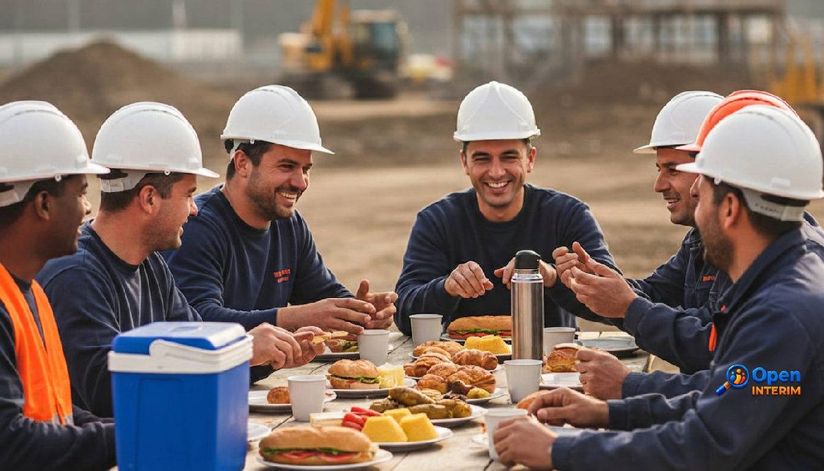 Équipe française et roumaine partageant un repas.