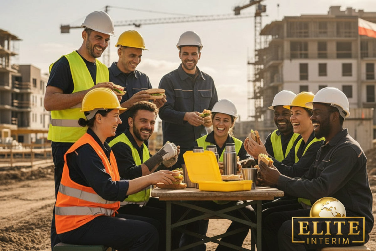 Équipe de chantier multiculturelle souriante lors d'une pause déjeuner.