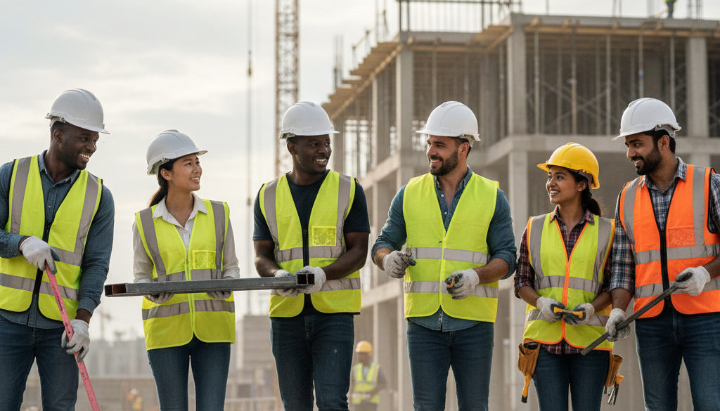 Ouvriers de différentes origines travaillant ensemble sur un chantier.