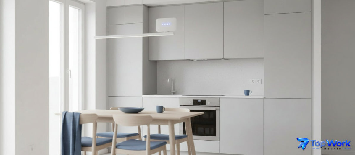 Intérieur d'un appartement partagé propre et lumineux pour travailleurs.