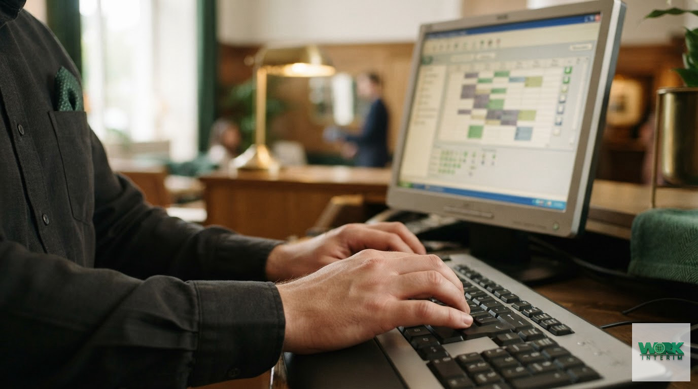 Mains utilisant un logiciel de gestion hôtelière sur ordinateur.