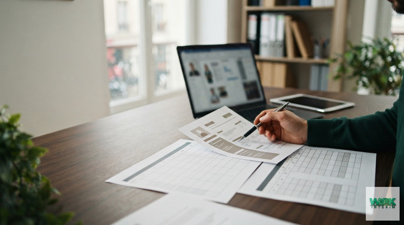Documents de recrutement et planning sur un bureau d'hôtel.
