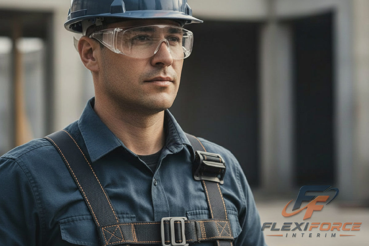 Ouvrier en tenue de protection complète, casque et harnais inclus.