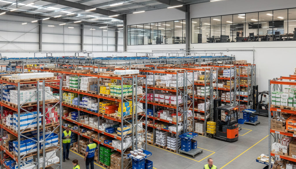 intérim logistique roumains – Entrepôt logistique animé, chariots élévateurs et préparateurs en action.
