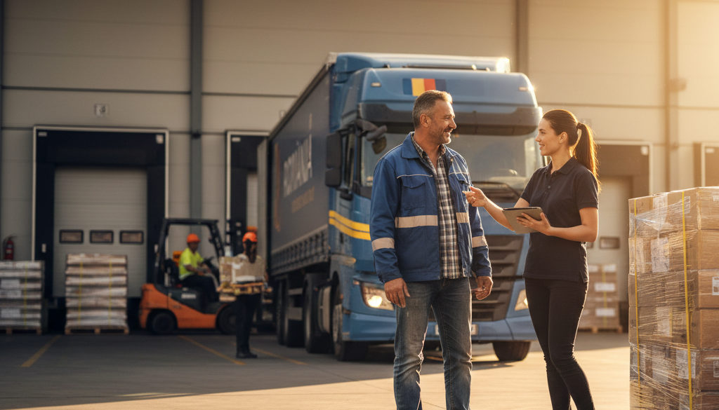 Chauffeur et gestionnaire discutent devant un camion, symbole de collaboration.