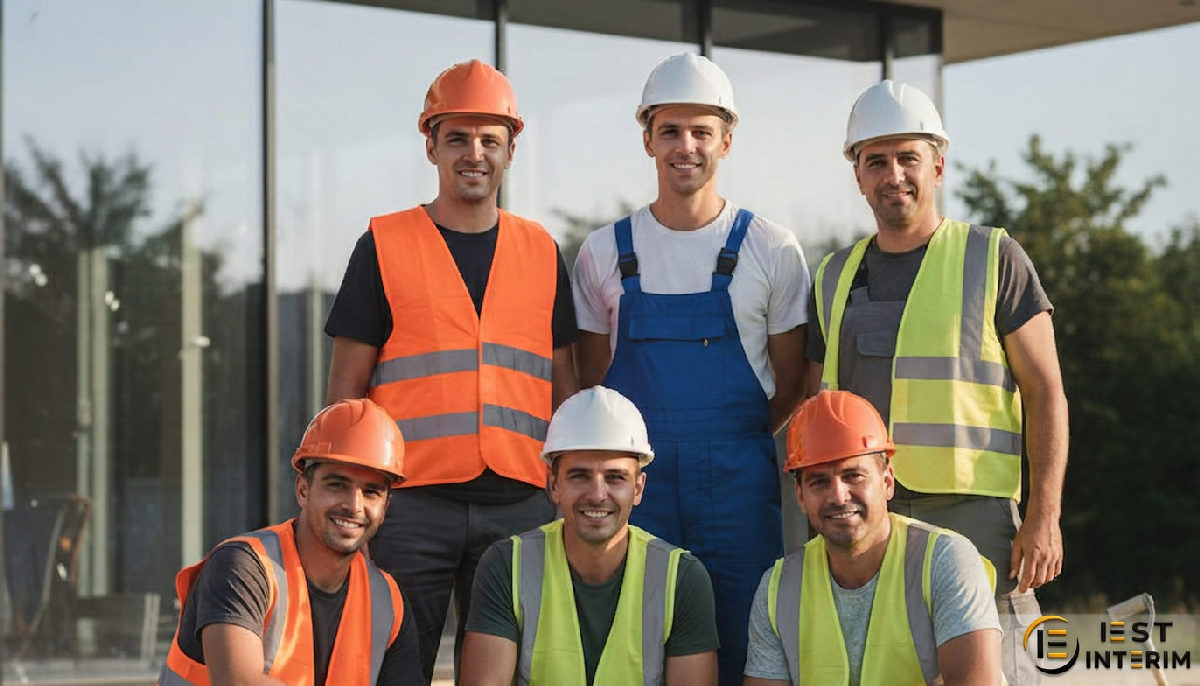 Ouvriers roumains satisfaits devant leur construction.