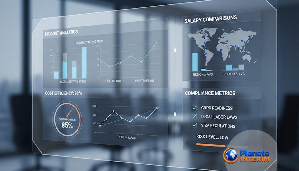 Tableau de bord RH : analyse des coûts et métriques de recrutement international.