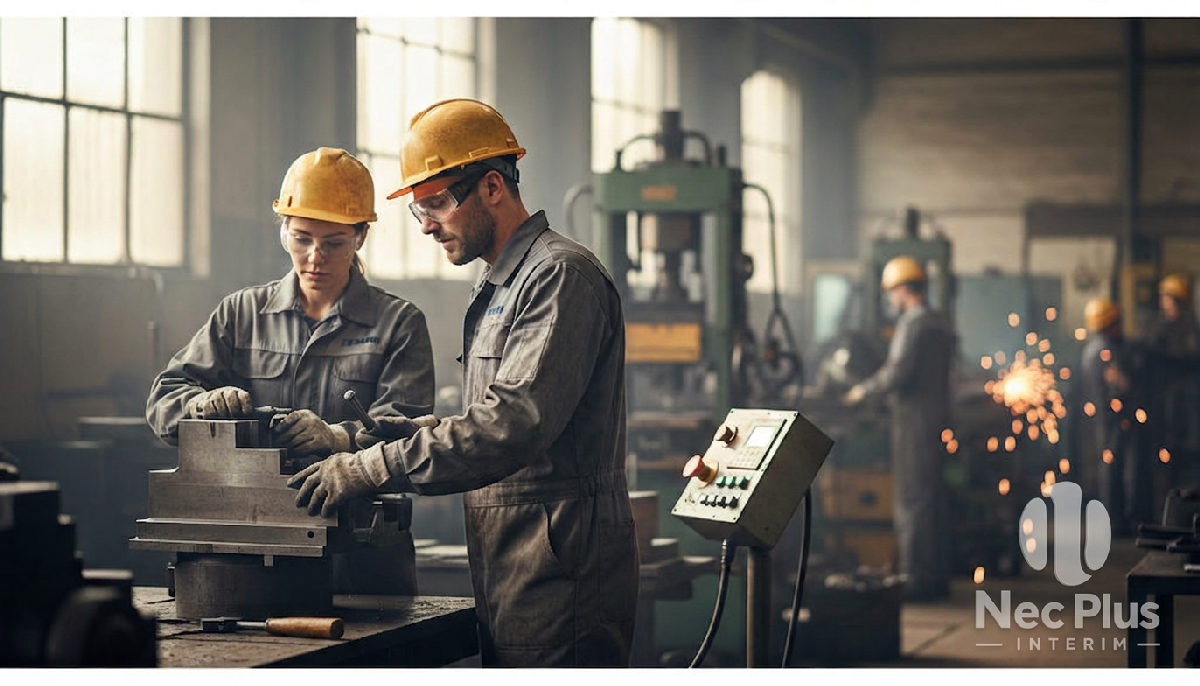 Ouvriers qualifiés au travail dans un atelier industriel moderne.