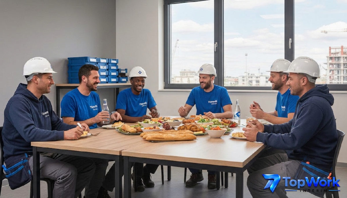 Ouvriers français et roumains partageant un repas convivial.