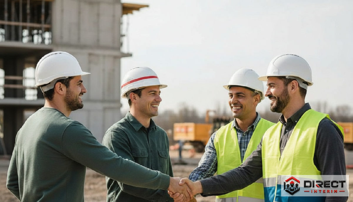 Ouvriers BTP français et roumains unissent leurs forces sur un chantier.