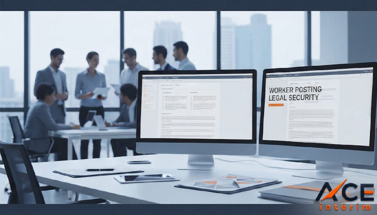 Bureau administratif avec documents numériques et sécurité juridique.
