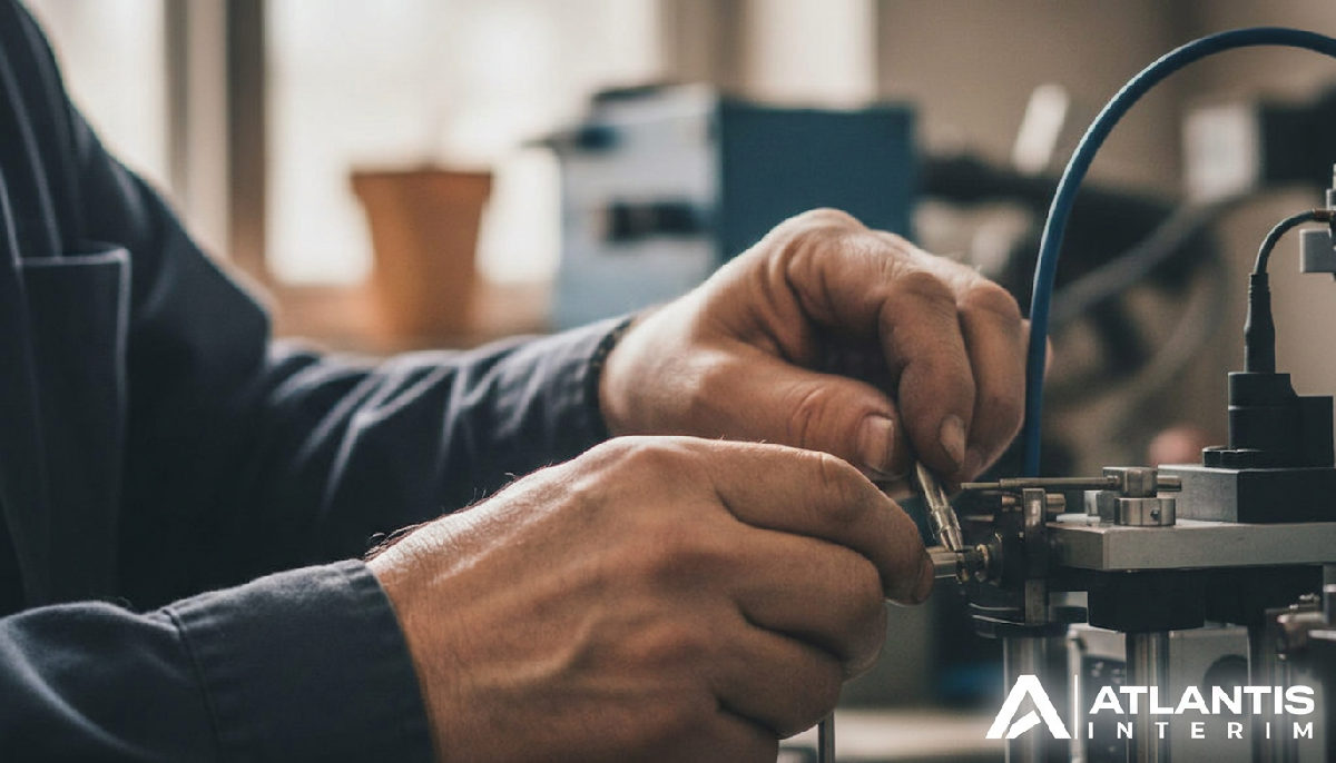 Mains expertes manipulant un appareillage technique de précision.