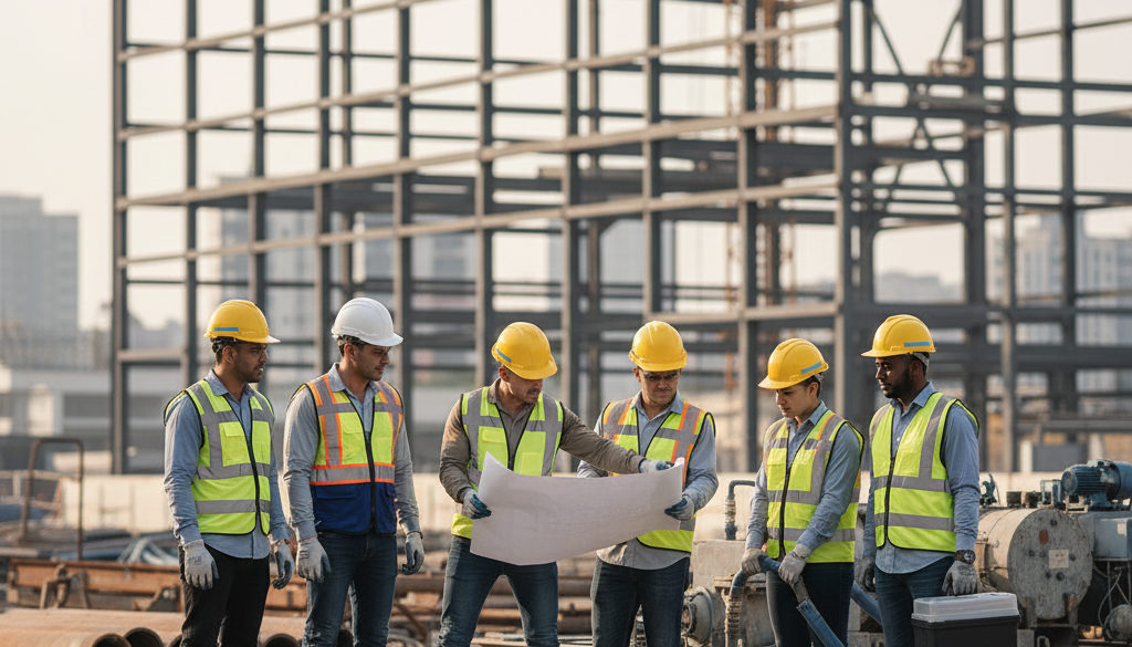 Travailleurs qualifiés en tenue de sécurité sur un site industriel.