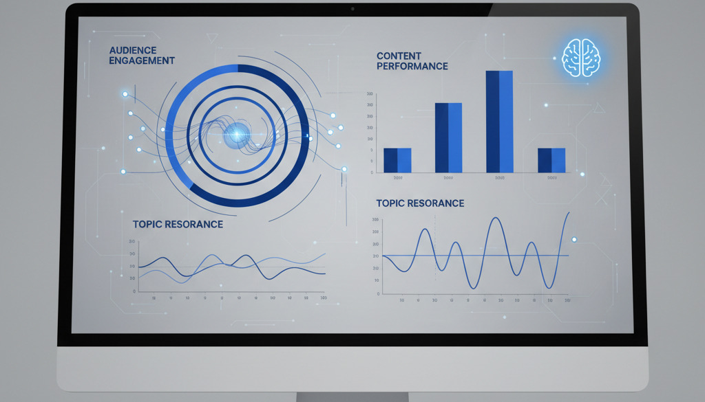AI analytics dashboard displays content performance and audience engagement metrics.