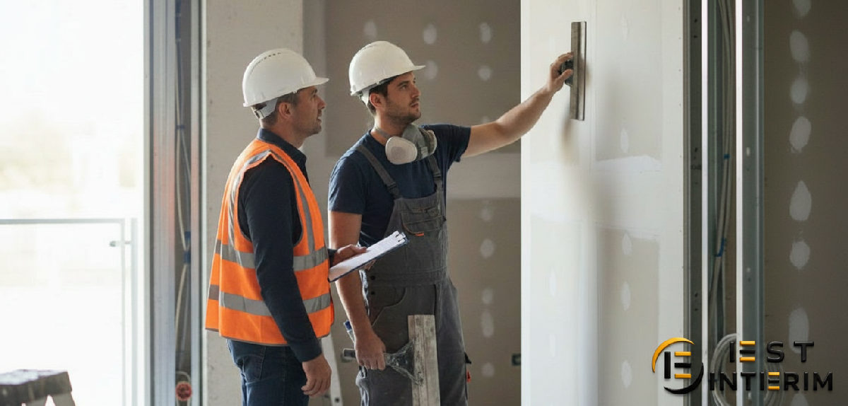 Chef de chantier supervisant le travail de finition du plaquiste.