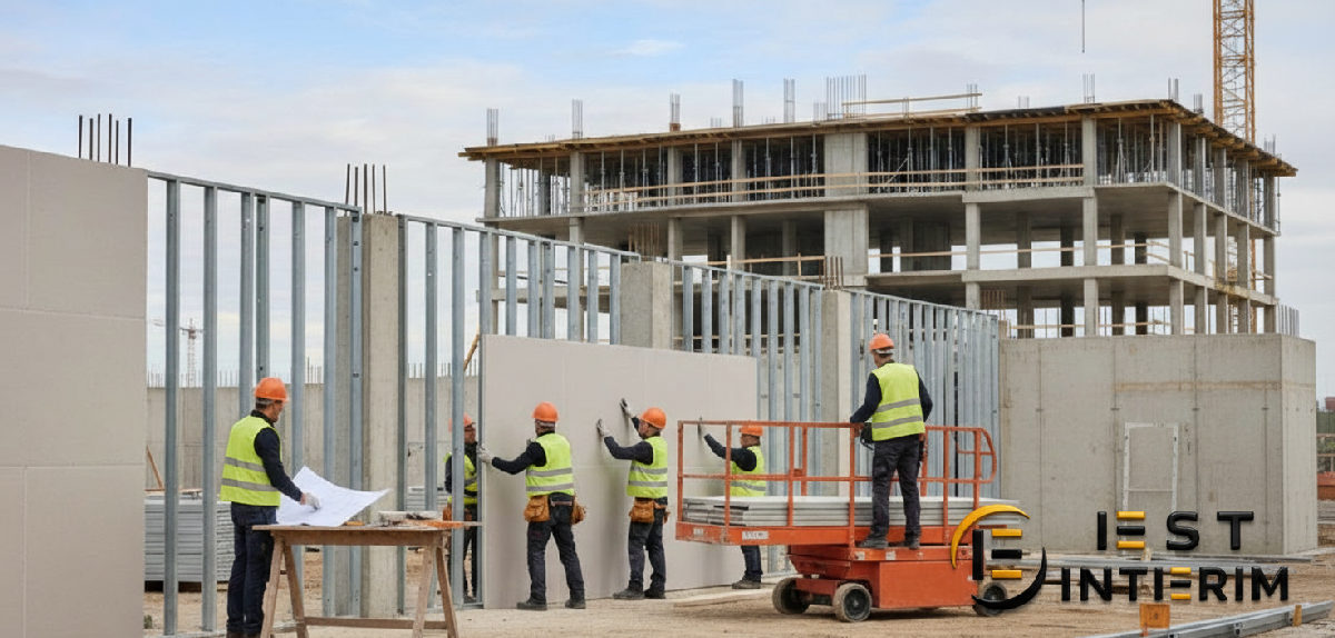 Équipe de construction coordonnée sur un grand chantier.