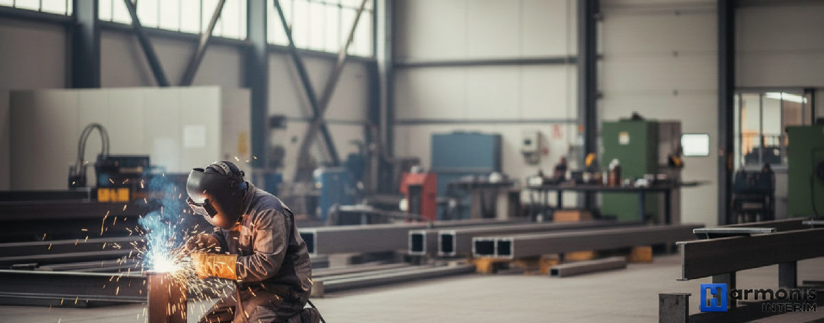 compétences intérimaires internationaux - Un soudeur qualifié travaille dans une usine moderne.