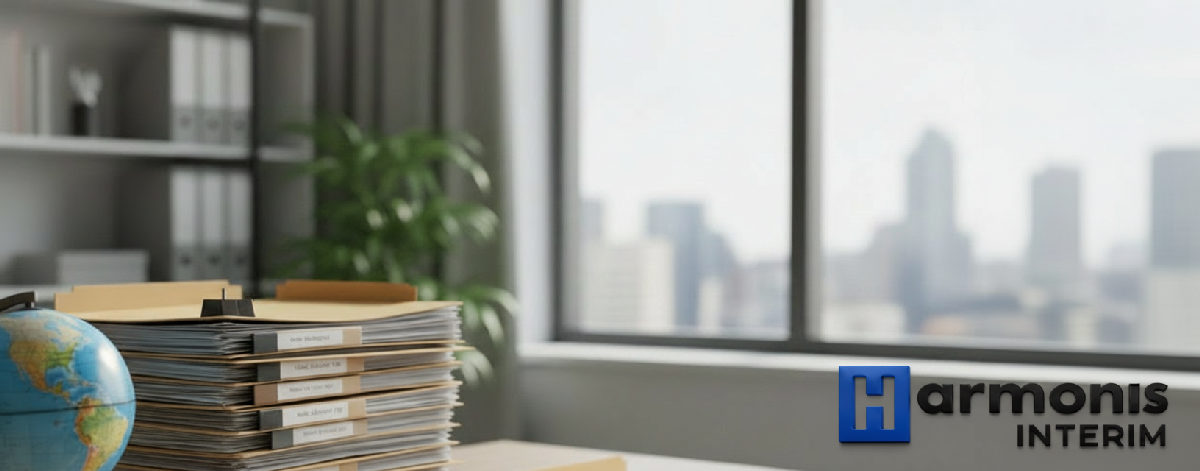 Bureau de recrutement avec des dossiers de travailleurs internationaux.