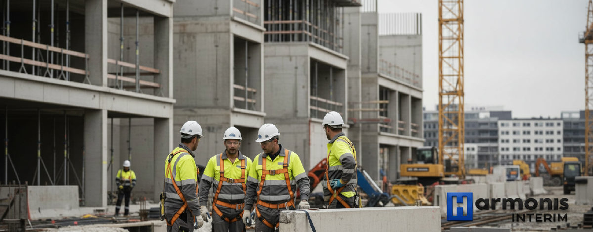 Ouvriers spécialisés sur un chantier avec équipement de sécurité.