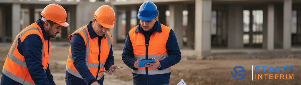 Ouvriers roumains discutant des plans sur un chantier.
