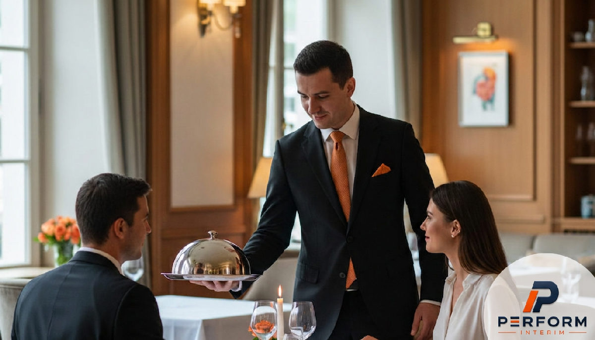 intérim hôtellerie restauration roumains – Chef de rang roumain servant des clients dans un restaurant gastronomique.