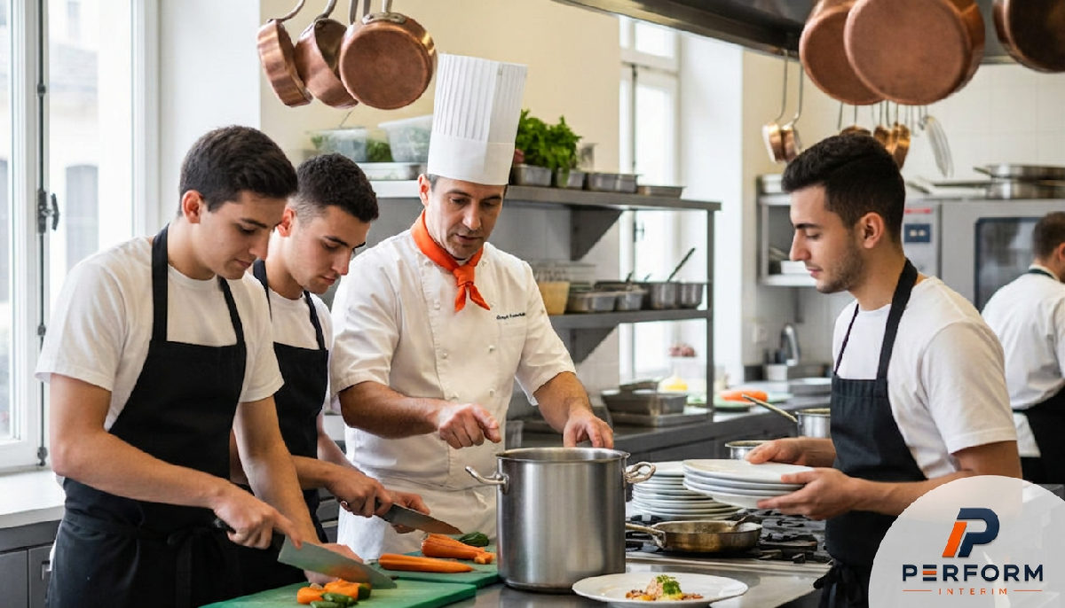 Équipe de cuisine avec chef français et commis roumains en pleine action.