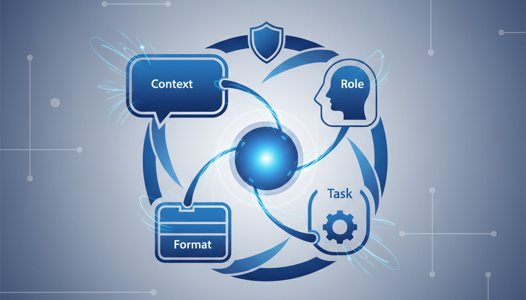 Key components of an effective AI prompt: Context, Role, Task, Format, Constraints.