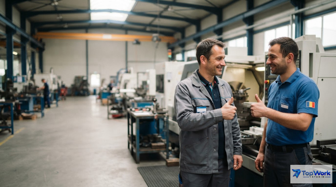 Un travailleur français et un roumain s'échangent un pouce levé devant une machine.