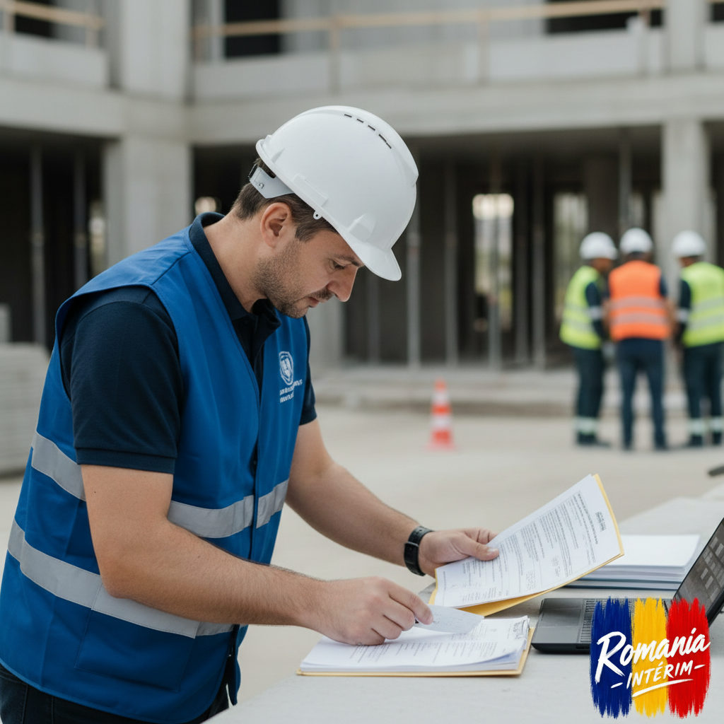 Inspecteur du travail vérifiant conformité sur un chantier.