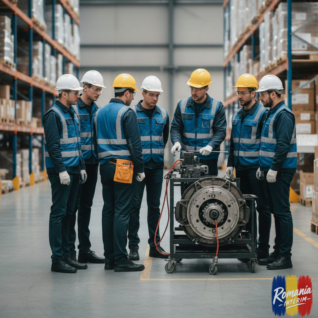 Travailleurs roumains en formation technique dans un entrepôt logistique.
