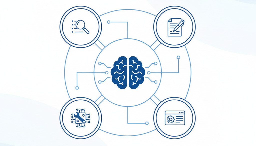 AI brain icon linked to SEO tasks in an infographic.