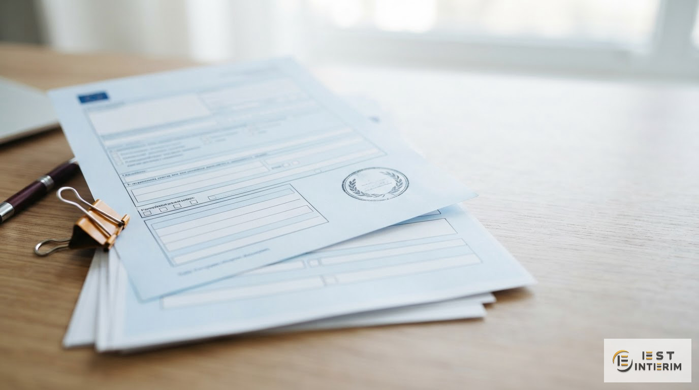 Documents officiels de recrutement européen avec un tampon de conformité administratif.