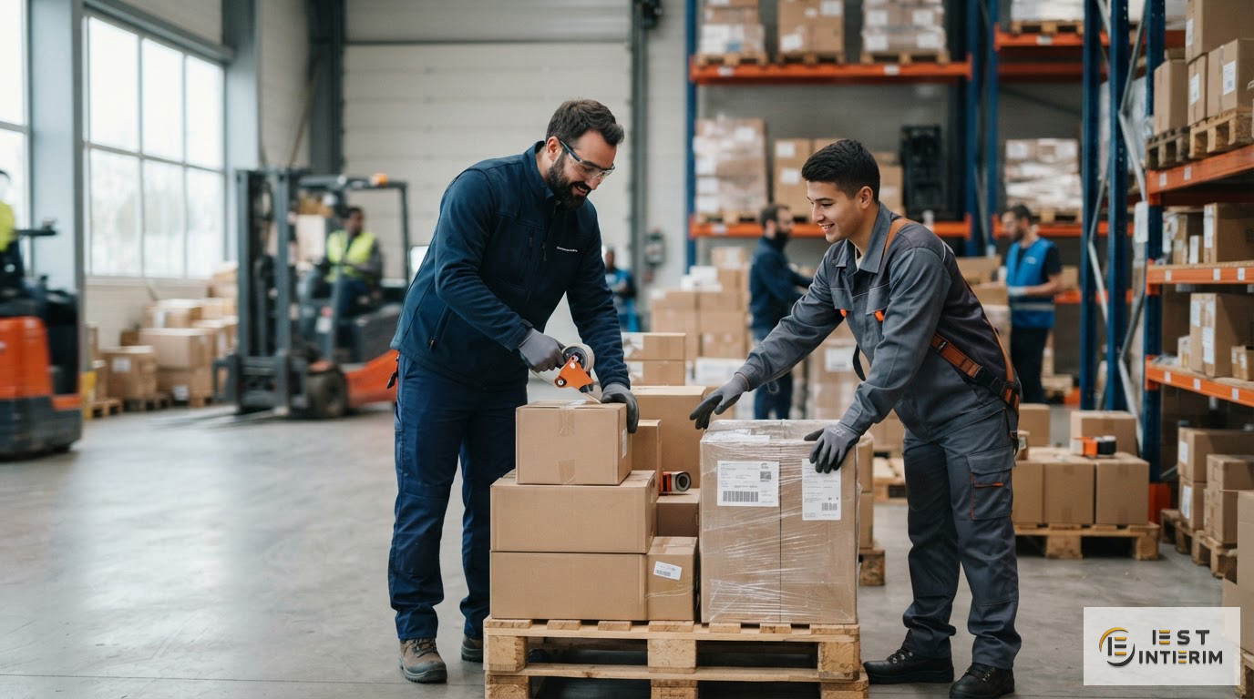 Une équipe multiculturelle travaillant ensemble dans un entrepôt logistique moderne.