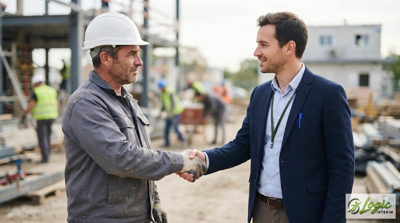 Une poignée de main entre un chef de chantier et un consultant.