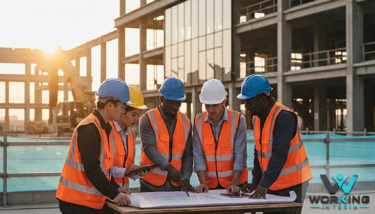 Équipe internationale collaborant sur un chantier pour la flexibilité RH.
