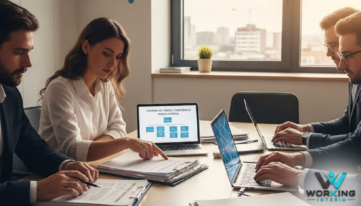 Bureau RH gérant des contrats de travail temporaire international et la conformité.