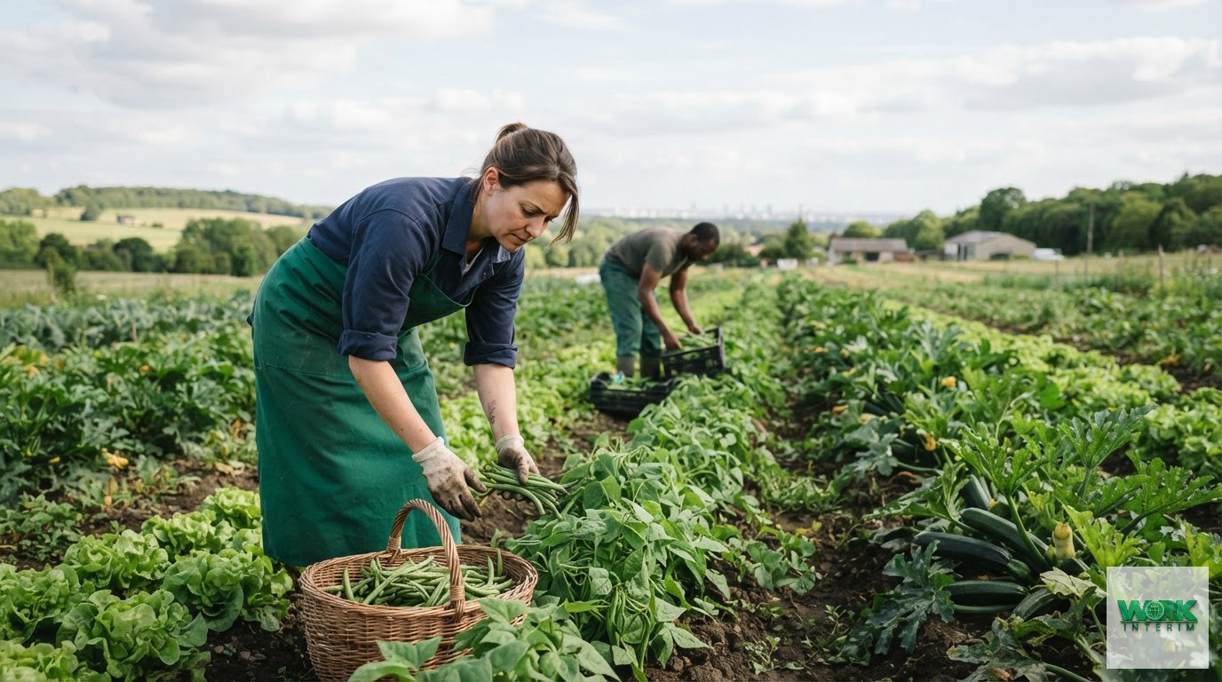 Travailleurs récoltant des légumes dans une exploitation maraîchère francilienne.
