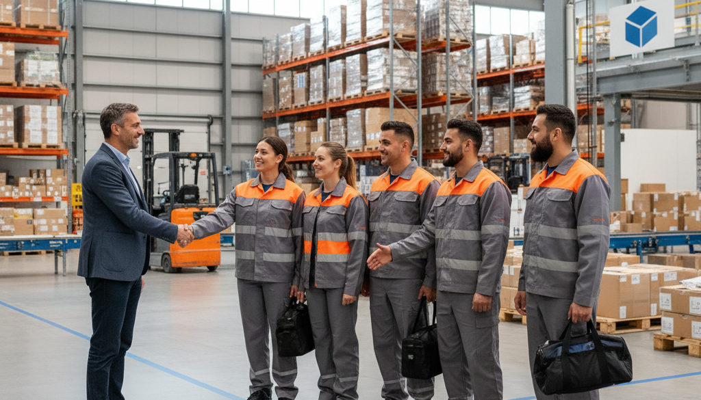 Accueil de travailleurs roumains dans un entrepôt logistique français.