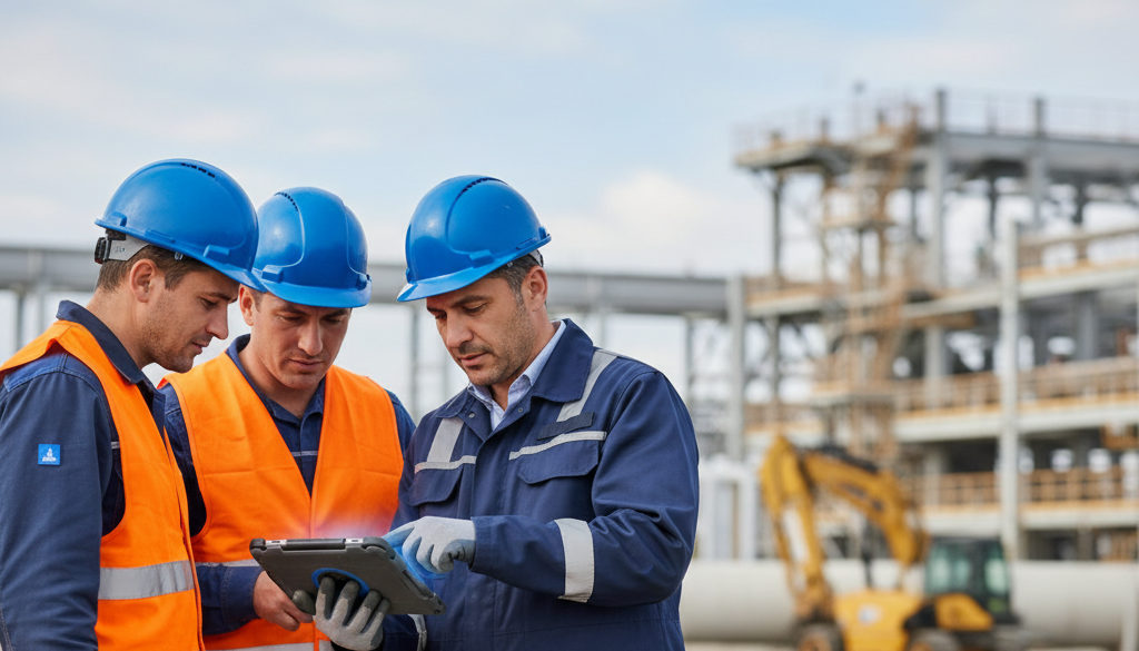 Travailleurs roumains et chef de chantier français sur un site industriel.