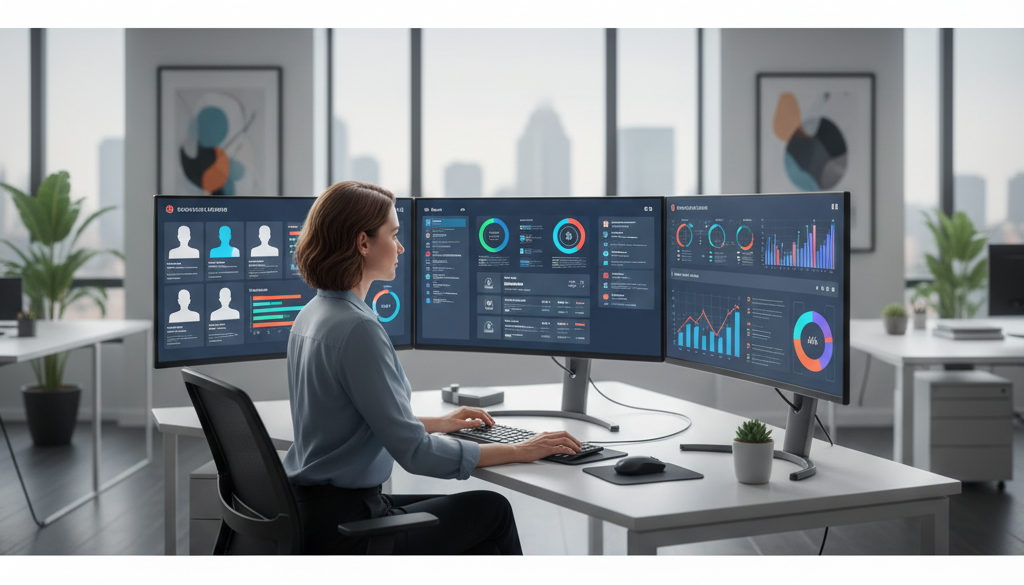 outils recrutement 2.0 – Professionnel RH travaillant dans un bureau moderne avec plusieurs écrans affichant des profils.