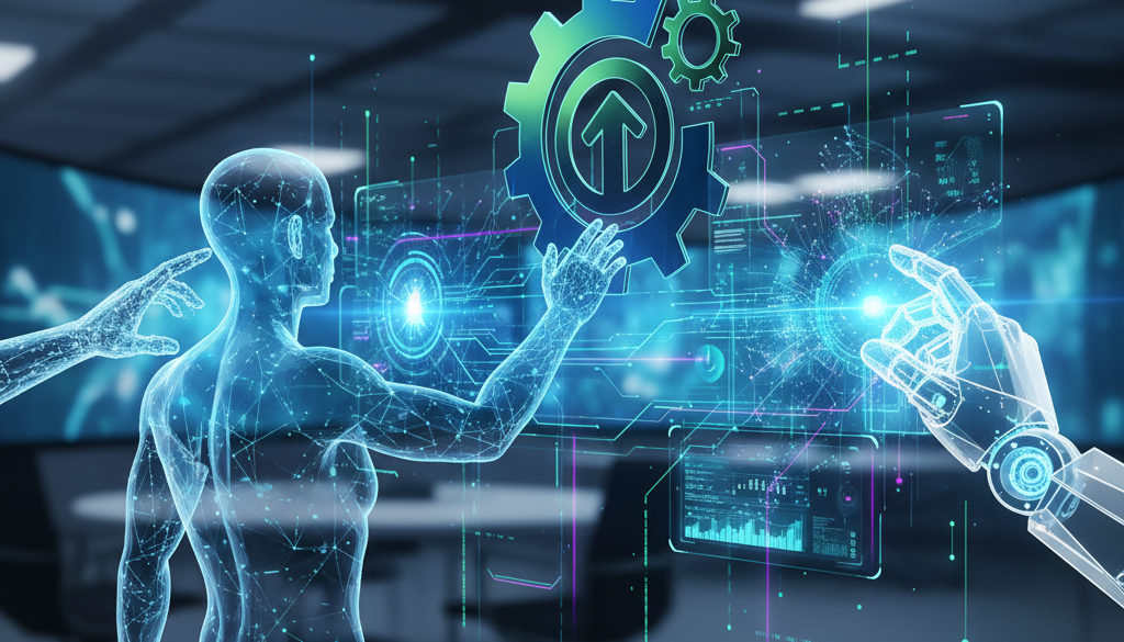 Interaction entre recruteurs humains et IA, symbolisée par des flux de données futuristes.